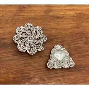 Silver Tone Brooches Lot of 2 Victorian Revival Heart & Filigree Flower 1990s